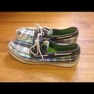Sperry Bahama Blue Plaid Boat Shoes